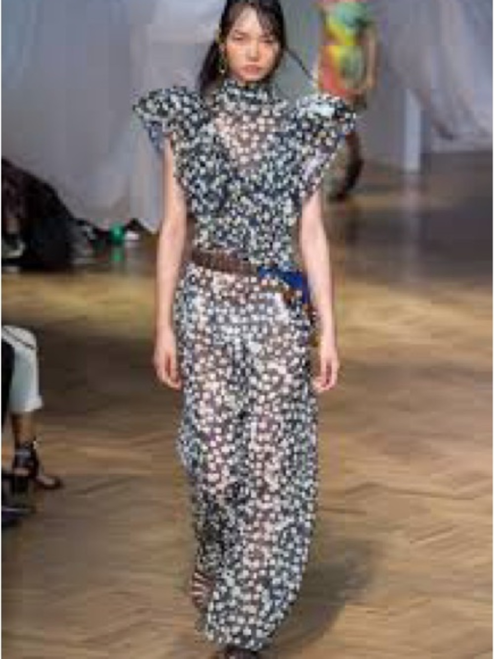 Preen Runway Floral Ruffle Maxi Dress in Navy and Cream